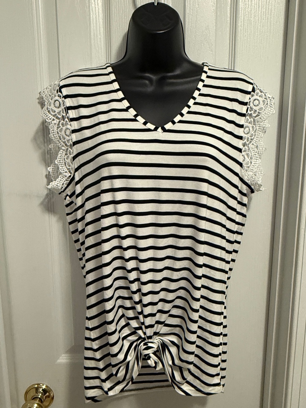 White With Black Stripes Blouse With Lace Detail Sleeves
